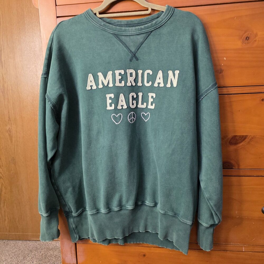 Vintage American Eagle Sweatshirt Size Small Green Peace Sign Retro Y2K Oversize